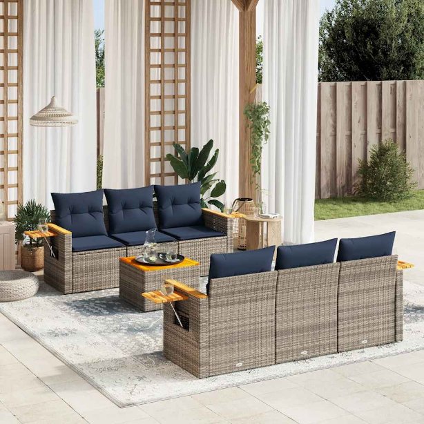 7-tlg. Garten-Sofagarnitur mit Kissen Schwarz Poly Rattan