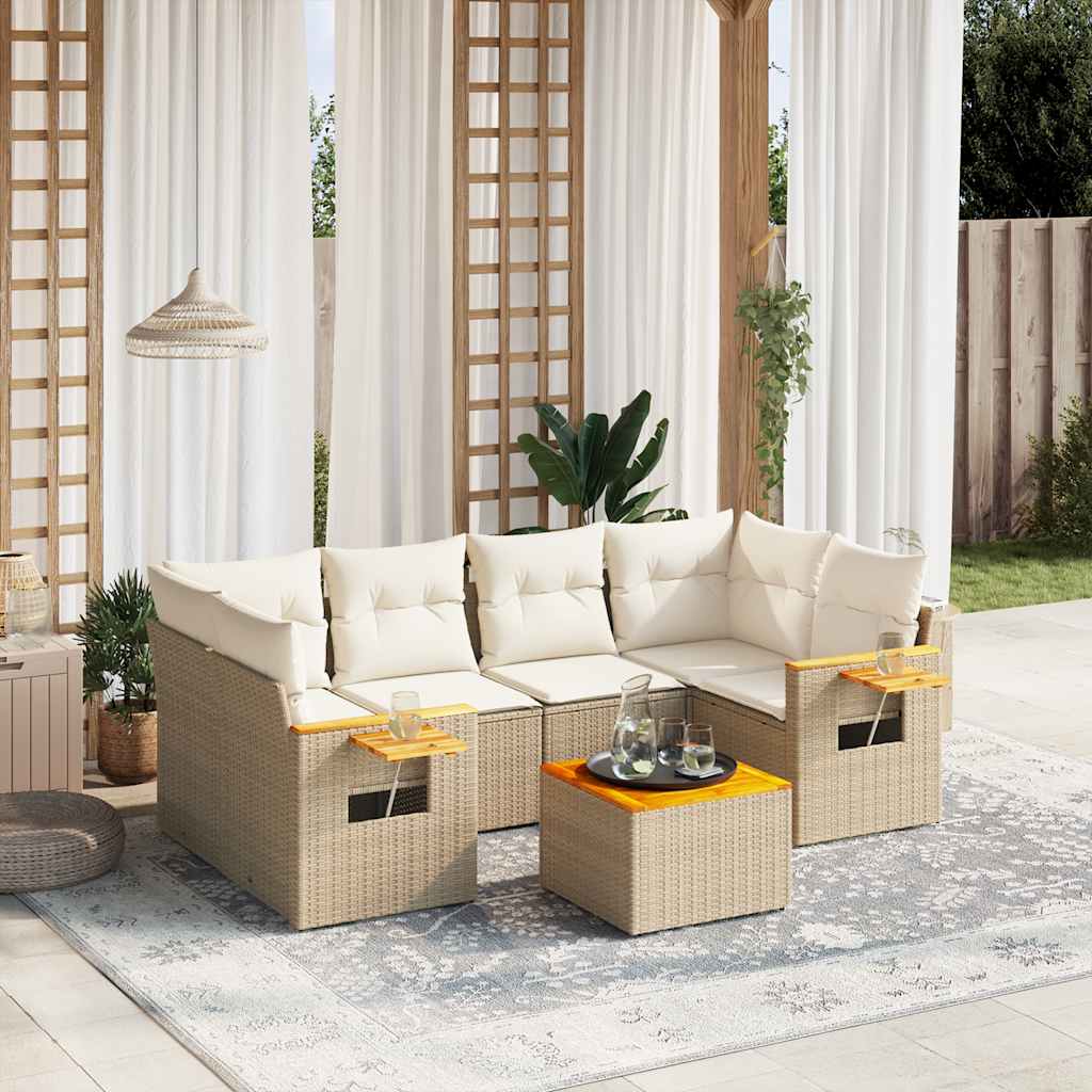 7-tlg. Garten-Sofagarnitur mit Kissen Schwarz Poly Rattan