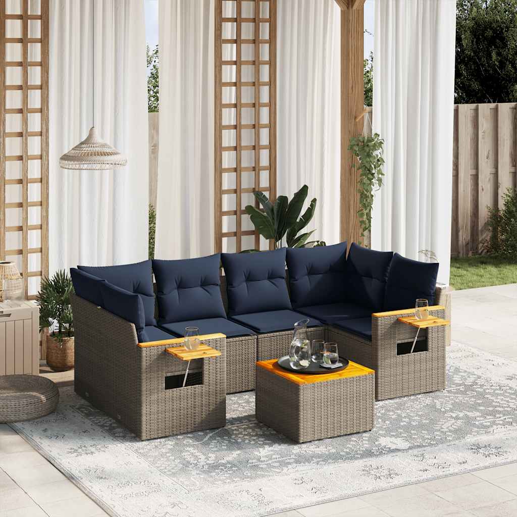 7-tlg. Garten-Sofagarnitur mit Kissen Schwarz Poly Rattan