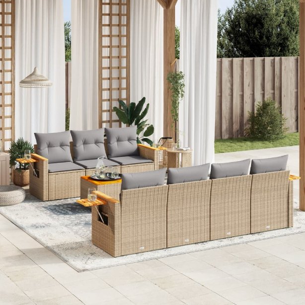 8-tlg. Garten-Sofagarnitur mit Kissen Schwarz Poly Rattan