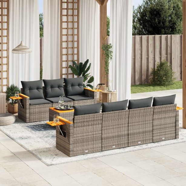 8-tlg. Garten-Sofagarnitur mit Kissen Schwarz Poly Rattan