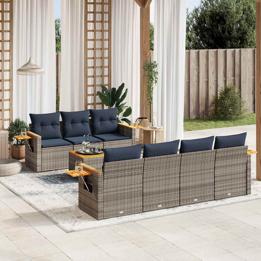 8-tlg. Garten-Sofagarnitur mit Kissen Schwarz Poly Rattan