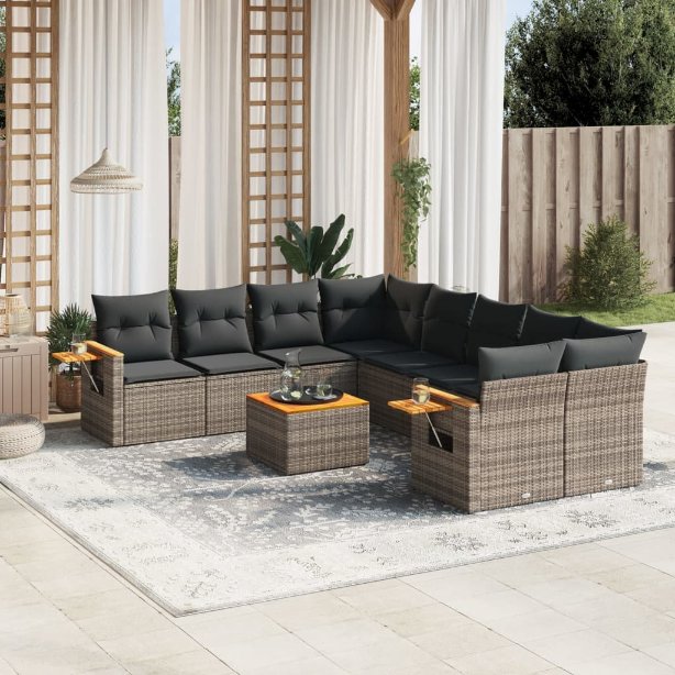 9-tlg. Garten-Sofagarnitur mit Kissen Schwarz Poly Rattan