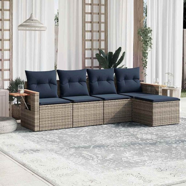 5-tlg. Garten-Sofagarnitur mit Kissen Schwarz Poly Rattan