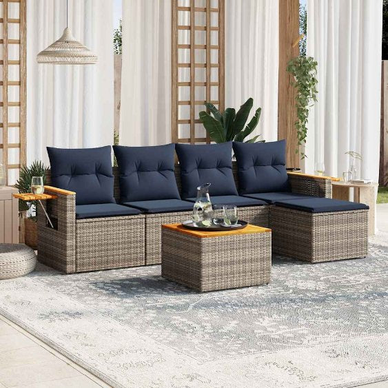 5-tlg. Garten-Sofagarnitur mit Kissen Schwarz Poly Rattan