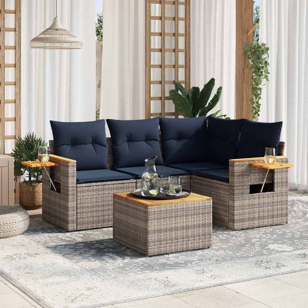 4-tlg. Garten-Sofagarnitur mit Kissen Schwarz Poly Rattan