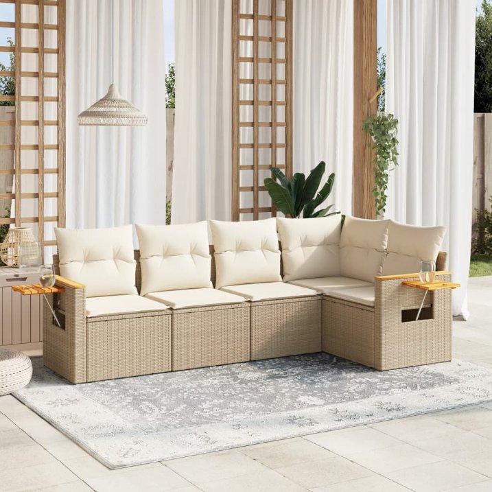 5-tlg. Garten-Sofagarnitur mit Kissen Schwarz Poly Rattan