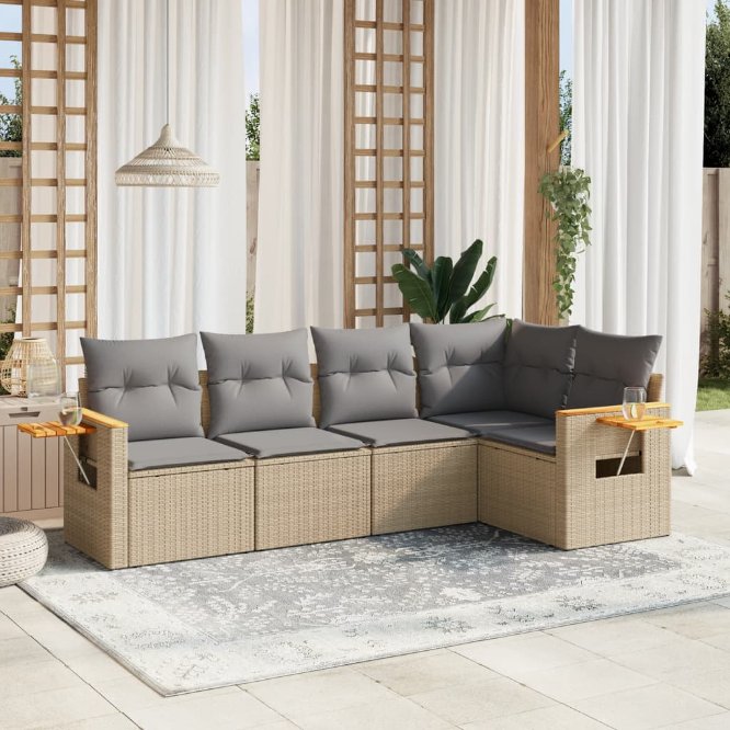 5-tlg. Garten-Sofagarnitur mit Kissen Schwarz Poly Rattan