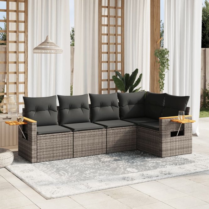 5-tlg. Garten-Sofagarnitur mit Kissen Schwarz Poly Rattan