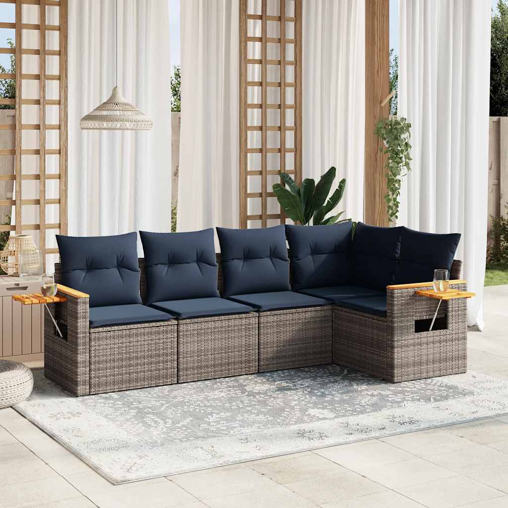 5-tlg. Garten-Sofagarnitur mit Kissen Schwarz Poly Rattan