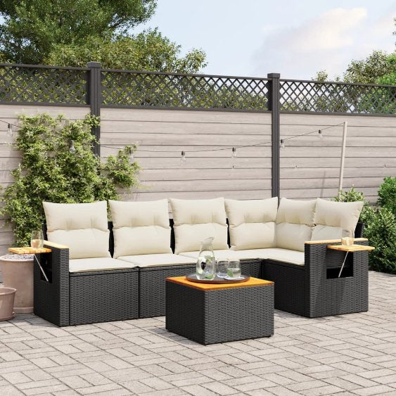 5-tlg. Garten-Sofagarnitur mit Kissen Schwarz Poly Rattan