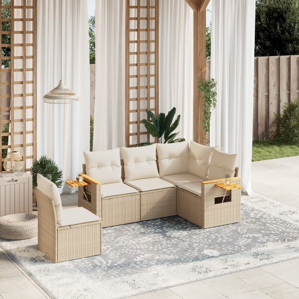 5-tlg. Garten-Sofagarnitur mit Kissen Schwarz Poly Rattan