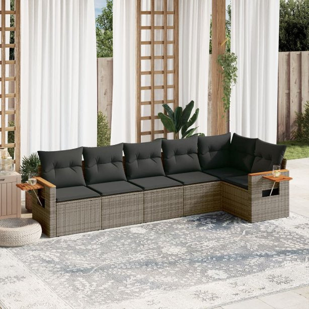 6-tlg. Garten-Sofagarnitur mit Kissen Schwarz Poly Rattan