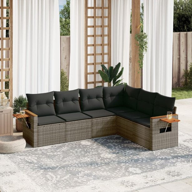 6-tlg. Garten-Sofagarnitur mit Kissen Schwarz Poly Rattan