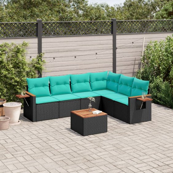 6-tlg. Garten-Sofagarnitur mit Kissen Schwarz Poly Rattan