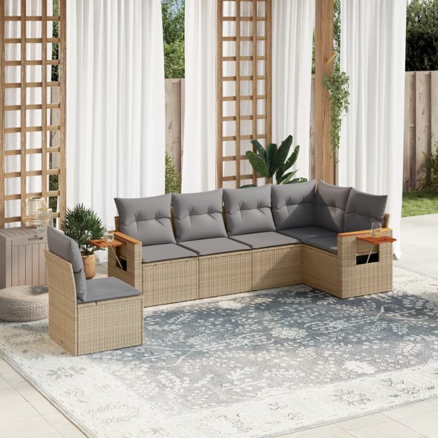 6-tlg. Garten-Sofagarnitur mit Kissen Schwarz Poly Rattan