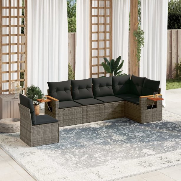 6-tlg. Garten-Sofagarnitur mit Kissen Schwarz Poly Rattan