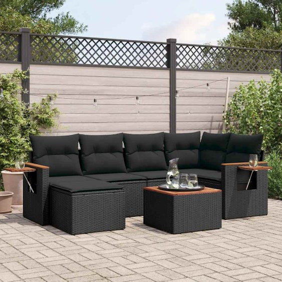 6-tlg. Garten-Sofagarnitur mit Kissen Schwarz Poly Rattan