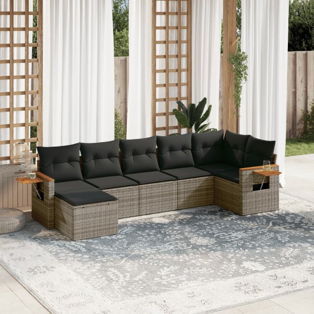 7-tlg. Garten-Sofagarnitur mit Kissen Schwarz Poly Rattan