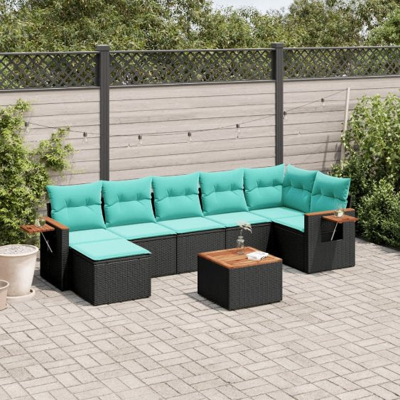 7-tlg. Garten-Sofagarnitur mit Kissen Schwarz Poly Rattan