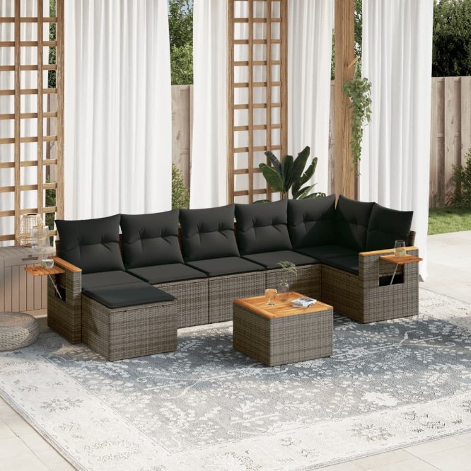 7-tlg. Garten-Sofagarnitur mit Kissen Schwarz Poly Rattan