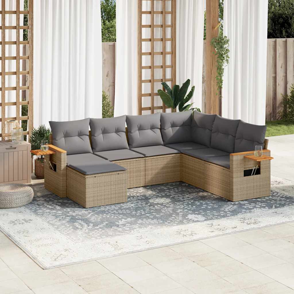 7-tlg. Garten-Sofagarnitur mit Kissen Schwarz Poly Rattan