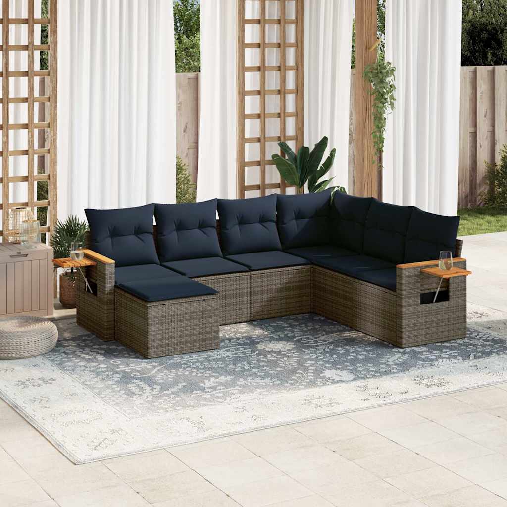 7-tlg. Garten-Sofagarnitur mit Kissen Schwarz Poly Rattan