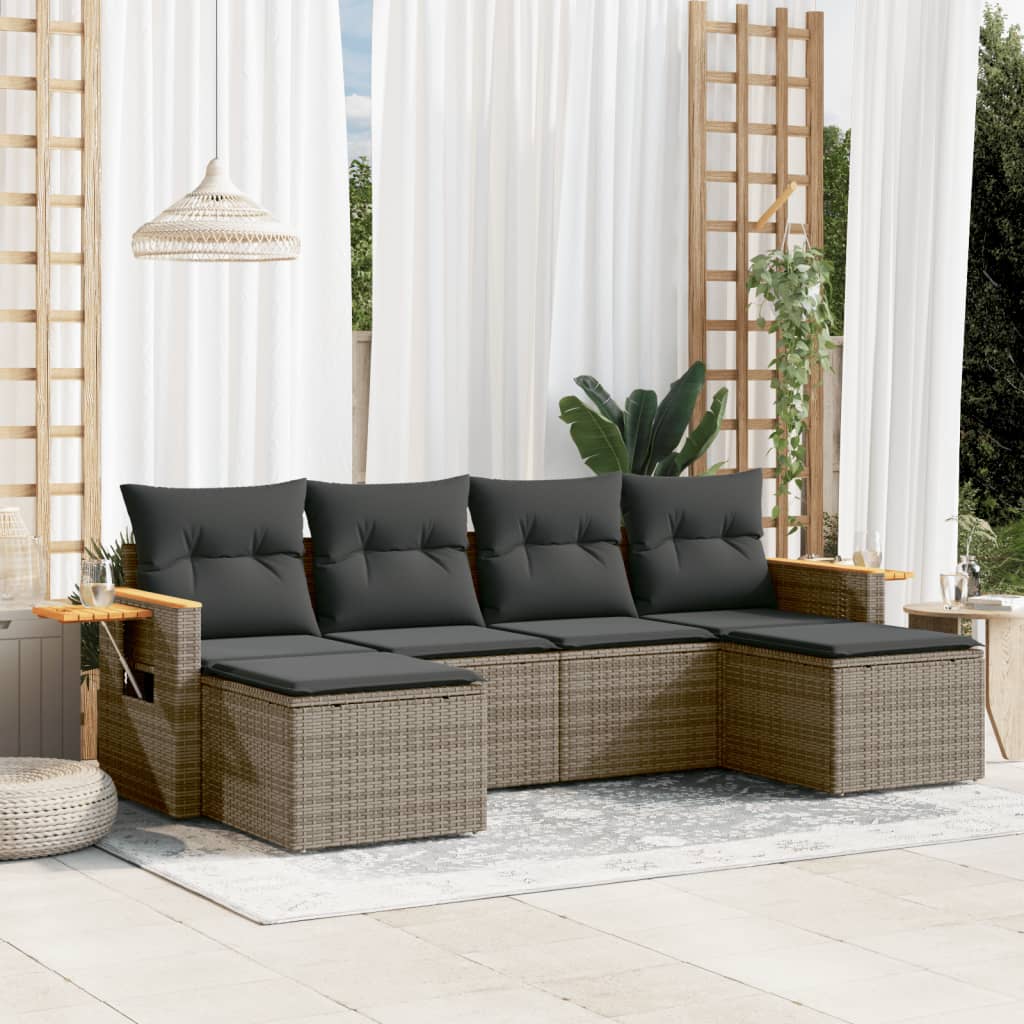 6-tlg. Garten-Sofagarnitur mit Kissen Schwarz Poly Rattan