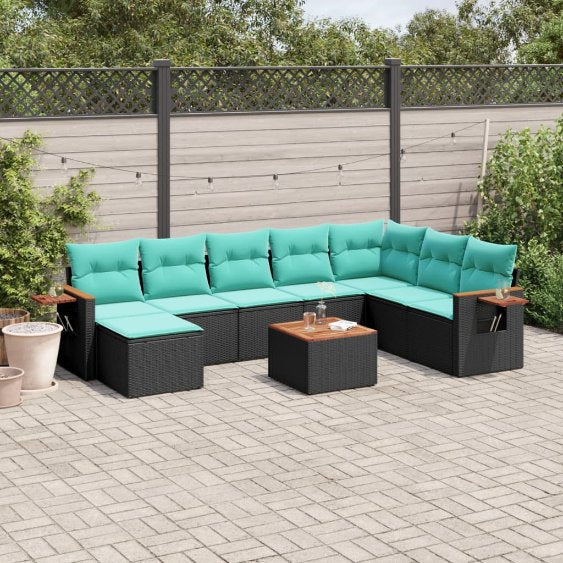 8-tlg. Garten-Sofagarnitur mit Kissen Schwarz Poly Rattan