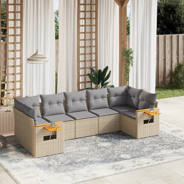 7-tlg. Garten-Sofagarnitur mit Kissen Schwarz Poly Rattan