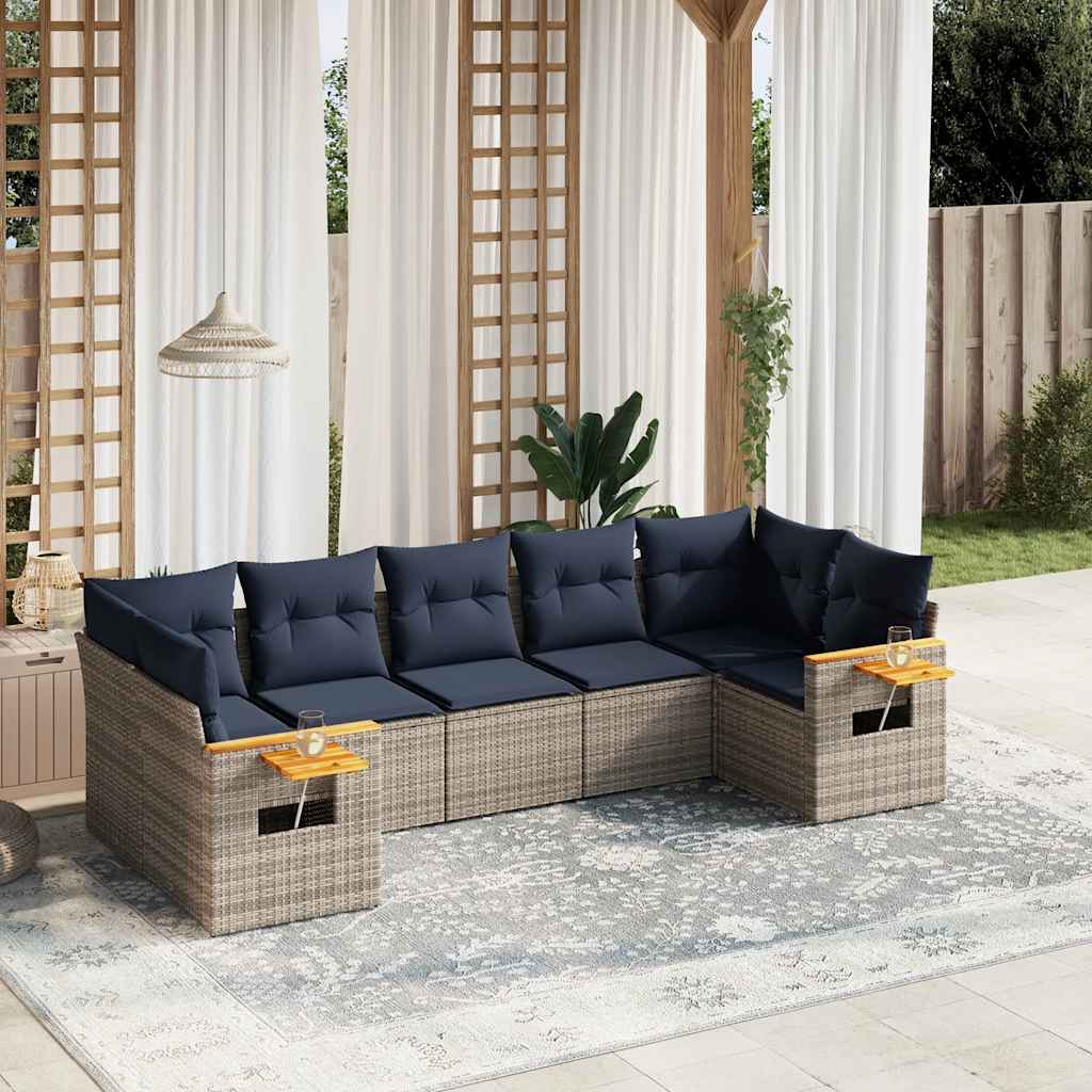 7-tlg. Garten-Sofagarnitur mit Kissen Schwarz Poly Rattan