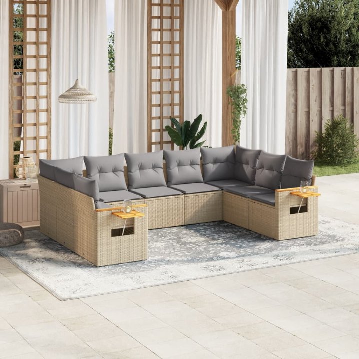 9-tlg. Garten-Sofagarnitur mit Kissen Schwarz Poly Rattan