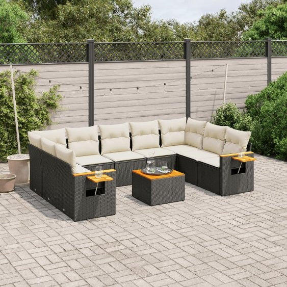 9-tlg. Garten-Sofagarnitur mit Kissen Schwarz Poly Rattan