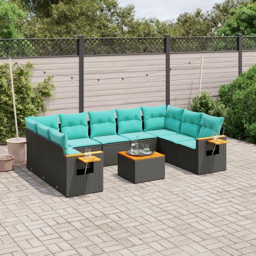 9-tlg. Garten-Sofagarnitur mit Kissen Schwarz Poly Rattan