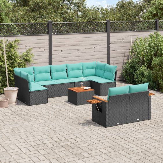 9-tlg. Garten-Sofagarnitur mit Kissen Schwarz Poly Rattan