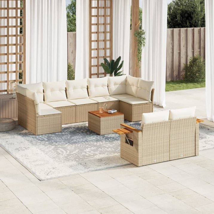 9-tlg. Garten-Sofagarnitur mit Kissen Schwarz Poly Rattan