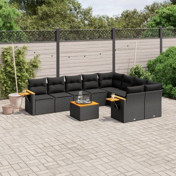 9-tlg. Garten-Sofagarnitur mit Kissen Schwarz Poly Rattan