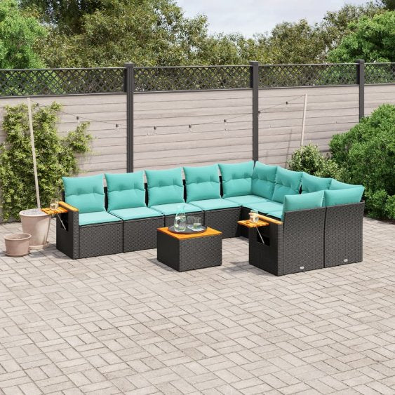 9-tlg. Garten-Sofagarnitur mit Kissen Schwarz Poly Rattan