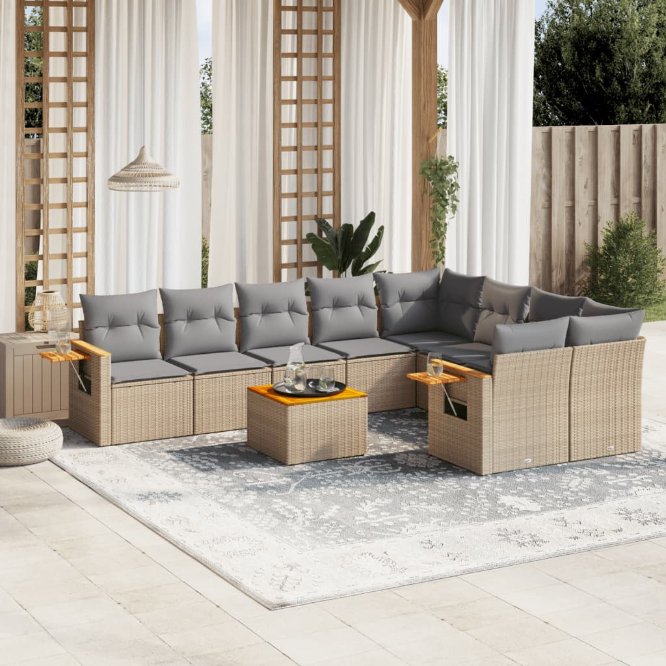 9-tlg. Garten-Sofagarnitur mit Kissen Schwarz Poly Rattan