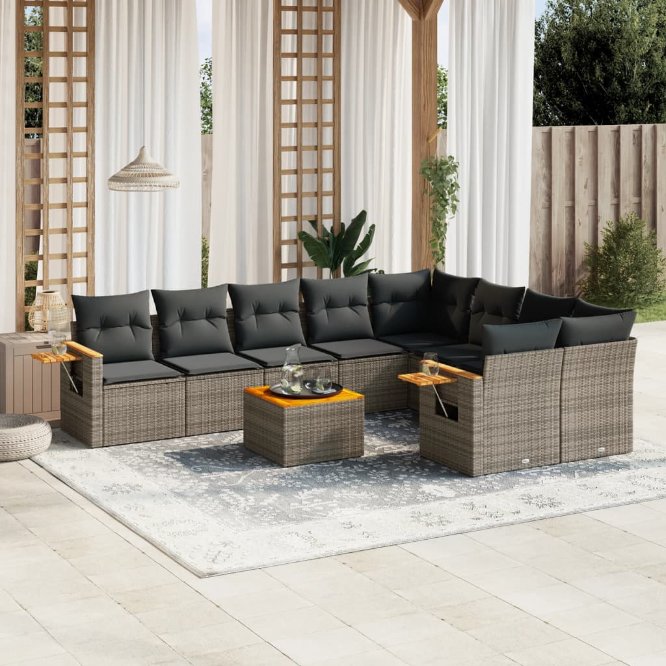 9-tlg. Garten-Sofagarnitur mit Kissen Schwarz Poly Rattan