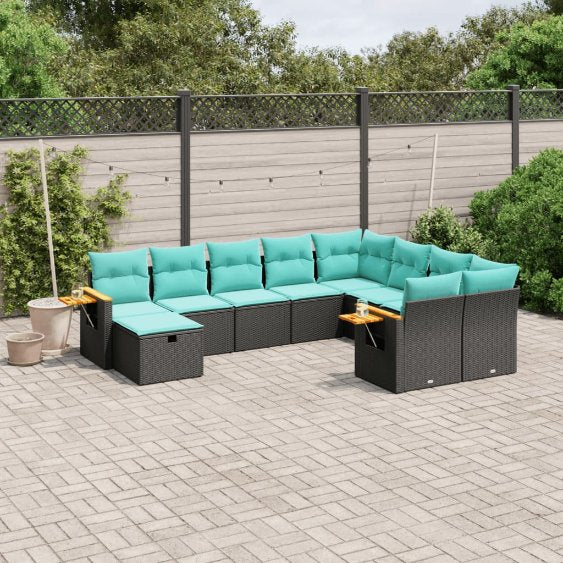 vidaXL 10-tlg. Garten-Sofagarnitur mit Kissen Schwarz Poly Rattan
