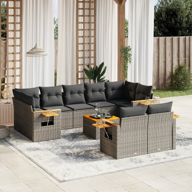 vidaXL 10-tlg. Garten-Sofagarnitur mit Kissen Schwarz Poly Rattan