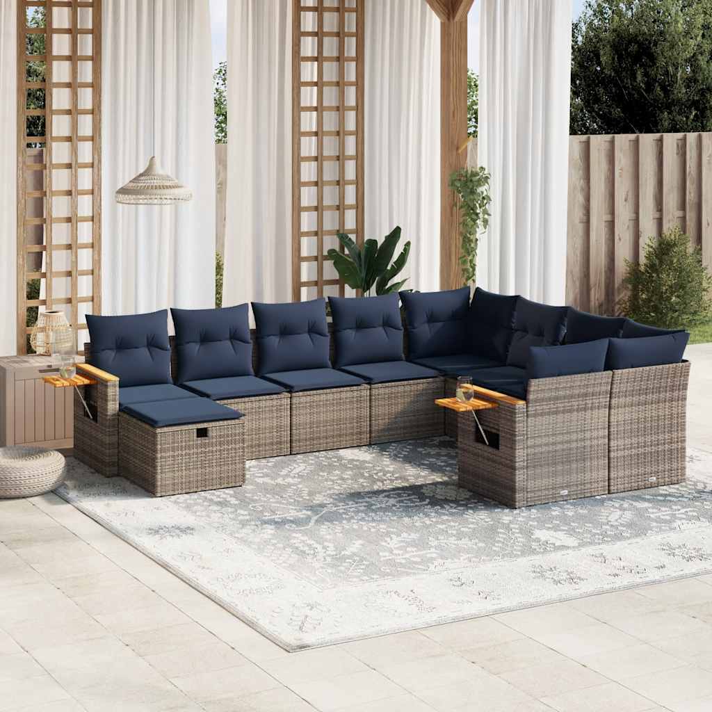 vidaXL 10-tlg. Garten-Sofagarnitur mit Kissen Schwarz Poly Rattan