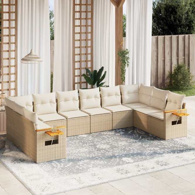 vidaXL 10-tlg. Garten-Sofagarnitur mit Kissen Schwarz Poly Rattan