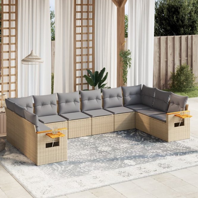 vidaXL 10-tlg. Garten-Sofagarnitur mit Kissen Schwarz Poly Rattan