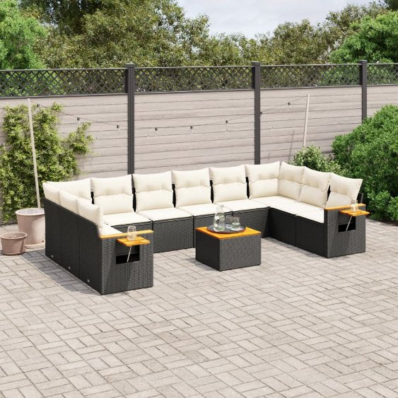 vidaXL 10-tlg. Garten-Sofagarnitur mit Kissen Schwarz Poly Rattan