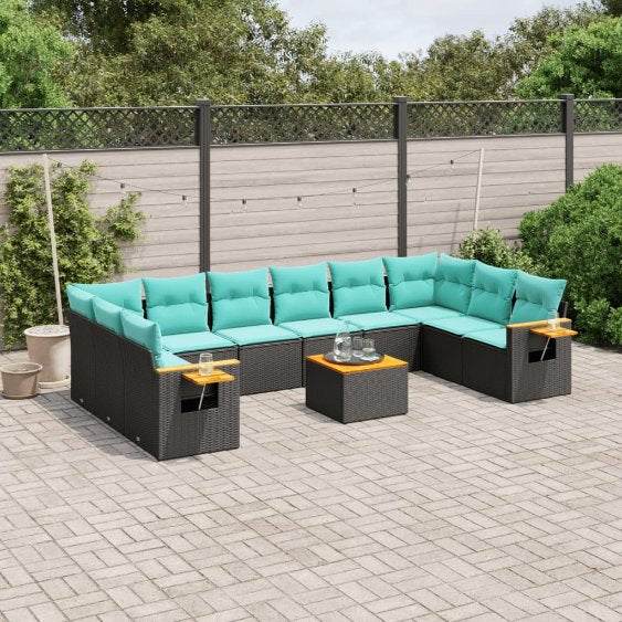 vidaXL 10-tlg. Garten-Sofagarnitur mit Kissen Schwarz Poly Rattan
