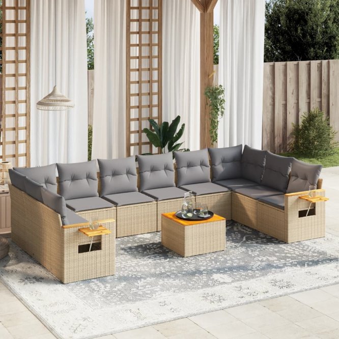 vidaXL 10-tlg. Garten-Sofagarnitur mit Kissen Schwarz Poly Rattan