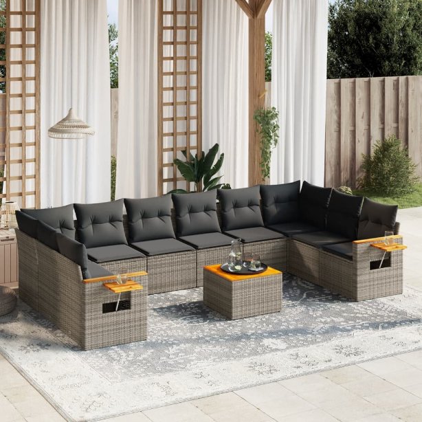 vidaXL 10-tlg. Garten-Sofagarnitur mit Kissen Schwarz Poly Rattan