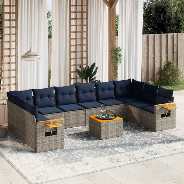 vidaXL 10-tlg. Garten-Sofagarnitur mit Kissen Schwarz Poly Rattan